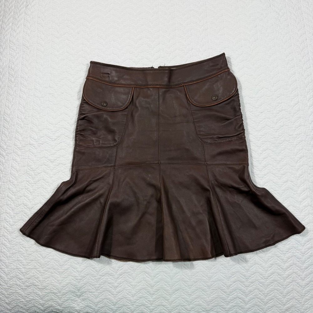 VTG June Skirt Women 4 (29x20) 100% Leather 100%Silk Lined Flared Pocket Brown
